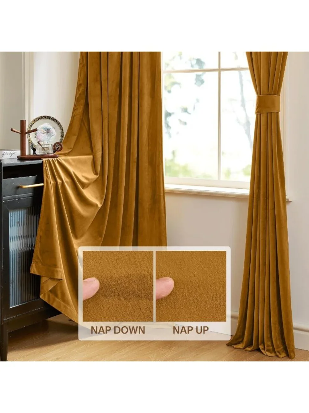 Luxurious Mustard Gold Velvet Room Darkening Curtains, 105” Long, 2 Panels